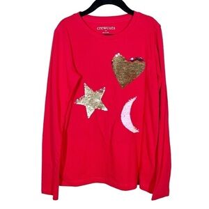 CrewCuts Girls Sequin Heart Star Moon Red Long Sleeve Tee Shirt Cotton Size